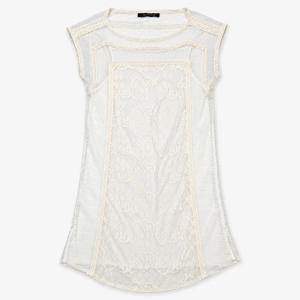 Zara Woman Lace Shift Mini Dress Women's L Ivory Sheer Layered Bridal Coquette - Picture 1 of 12